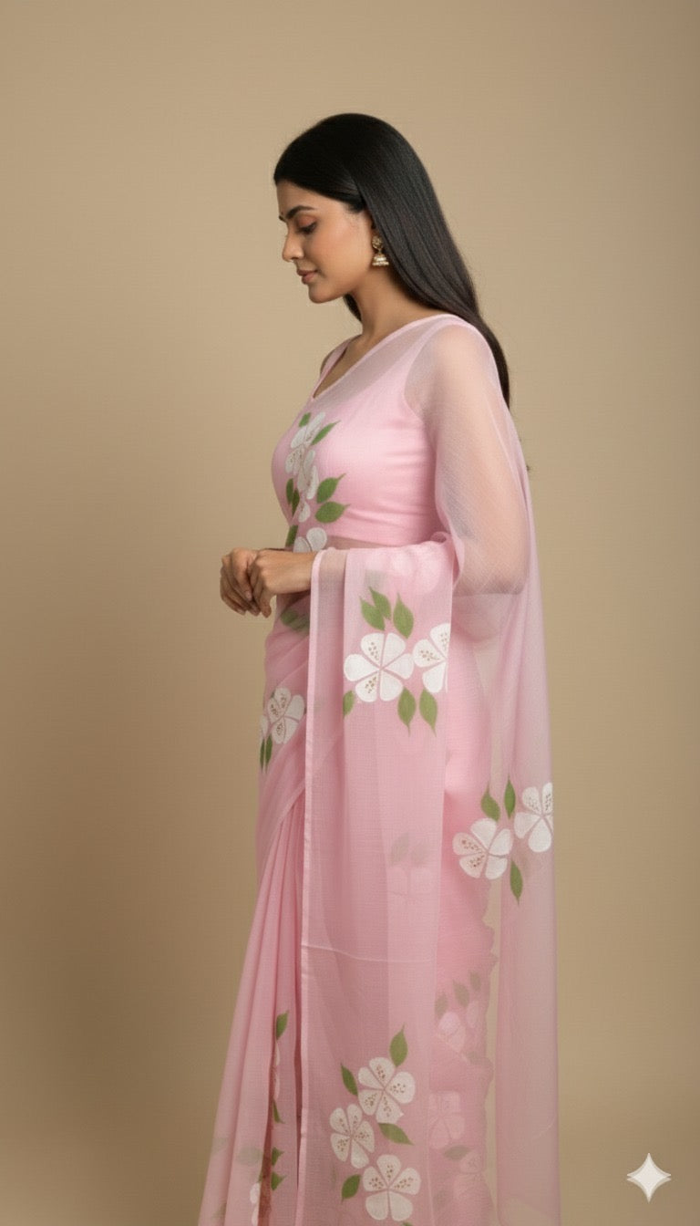 K A C H N A R (PINK)|| Pure Chiffon Hand Painted Saree