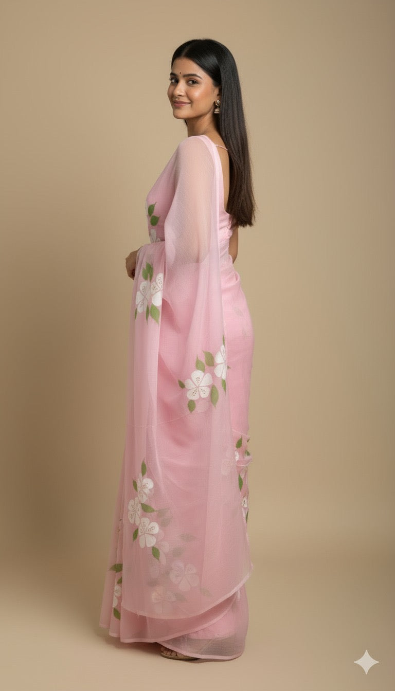 K A C H N A R (PINK)|| Pure Chiffon Hand Painted Saree