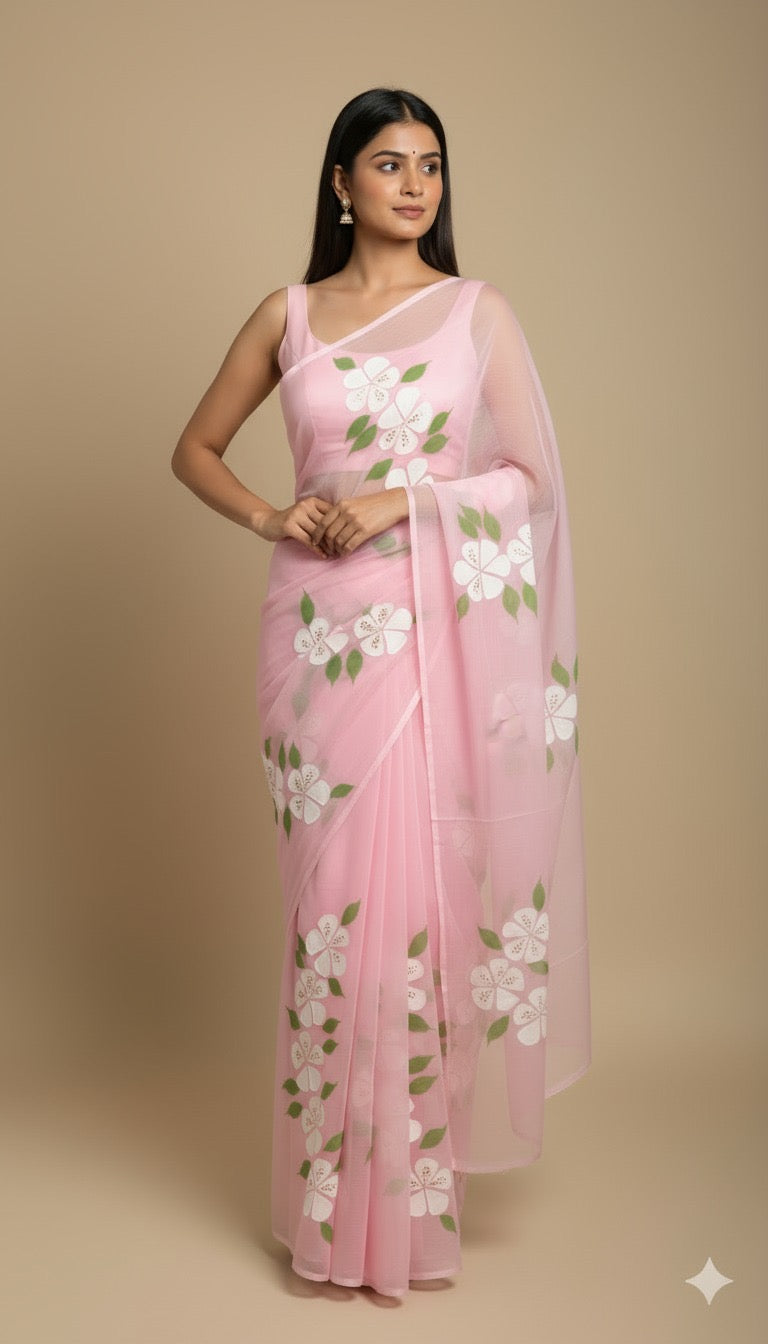 K A C H N A R (PINK)|| Pure Chiffon Hand Painted Saree