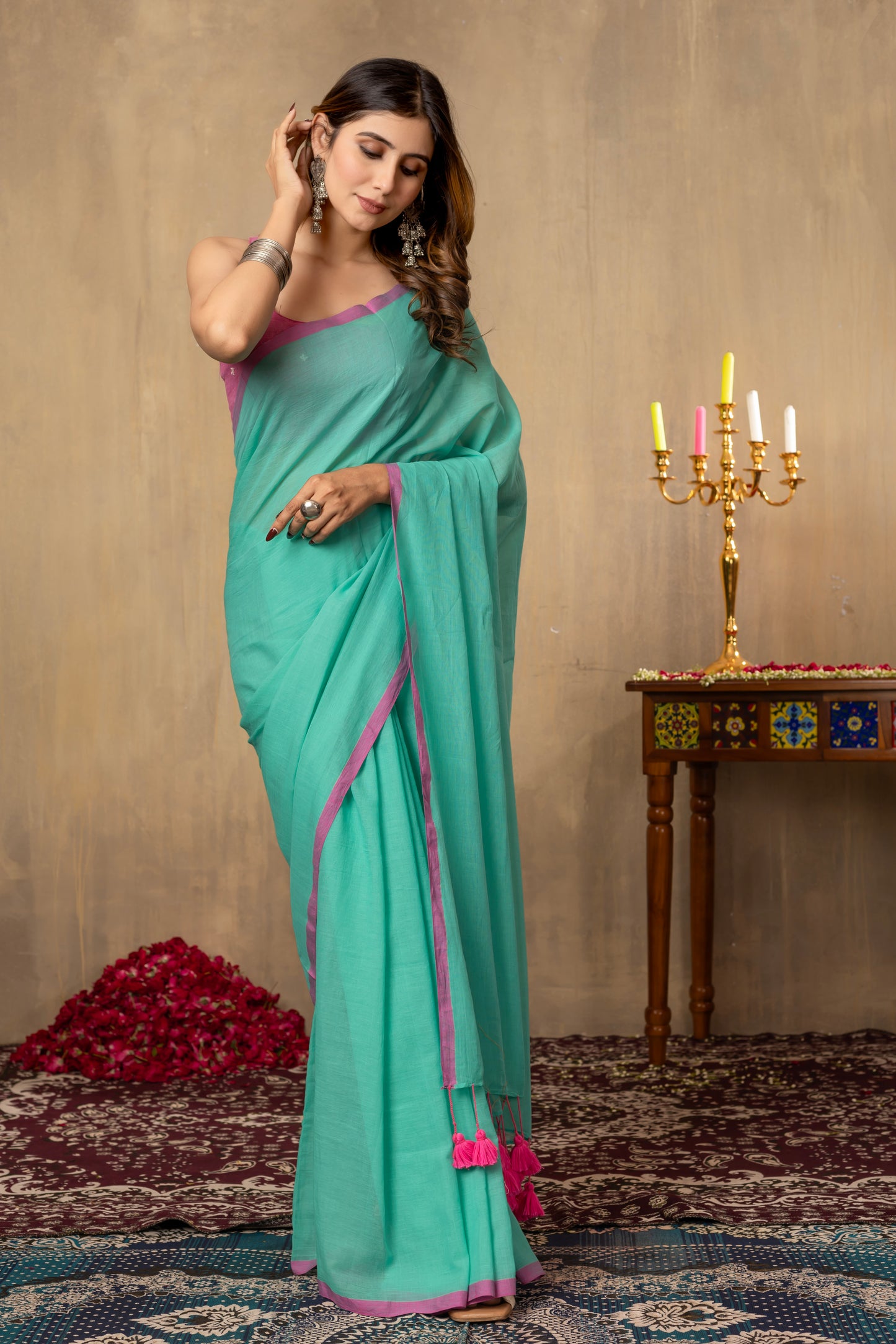 K U M U D || Plain Blue Mull Cotton Saree