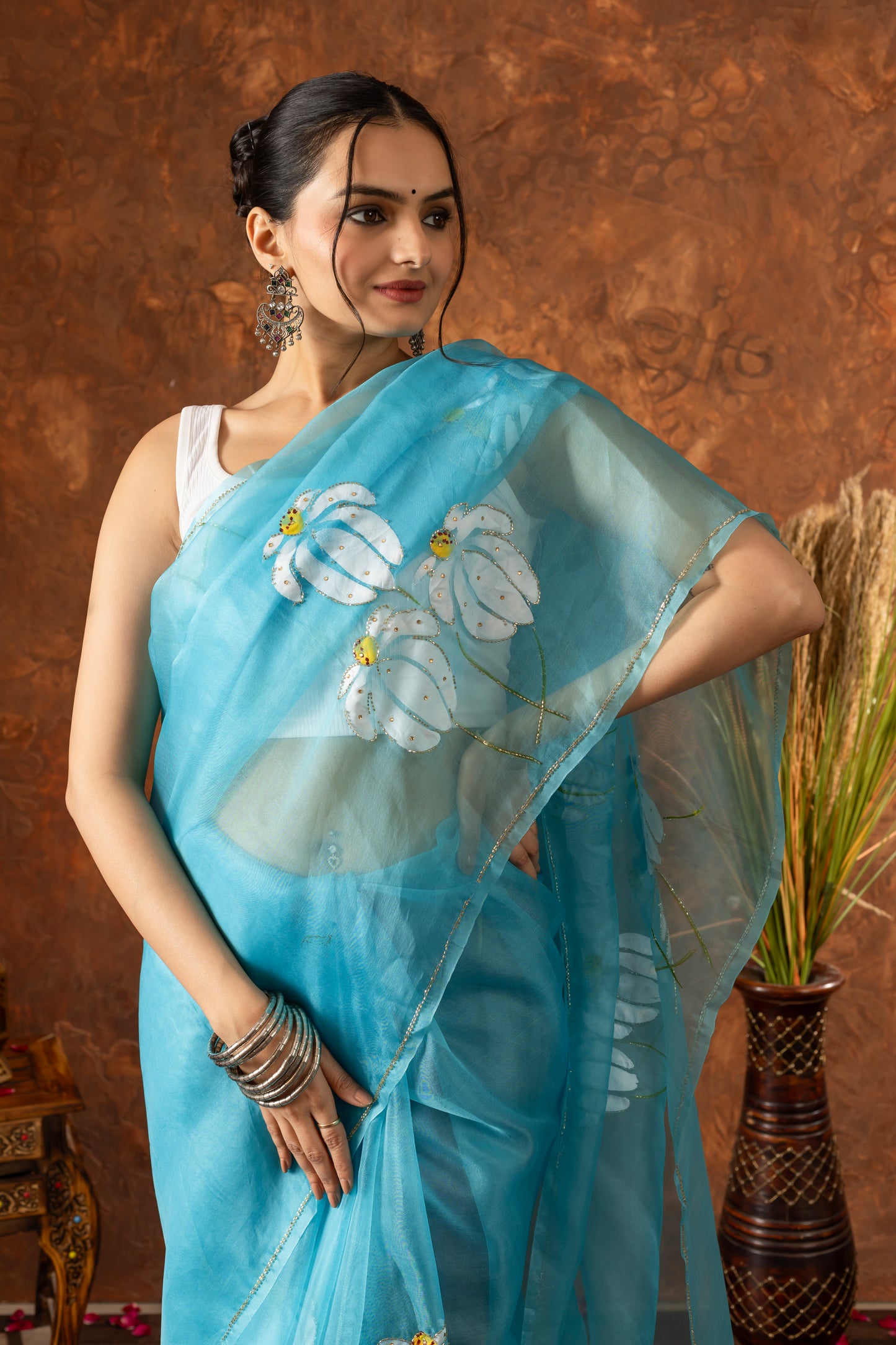 R A J R A N I || Organza Silk Hand-Work and Hand-Painted Saree