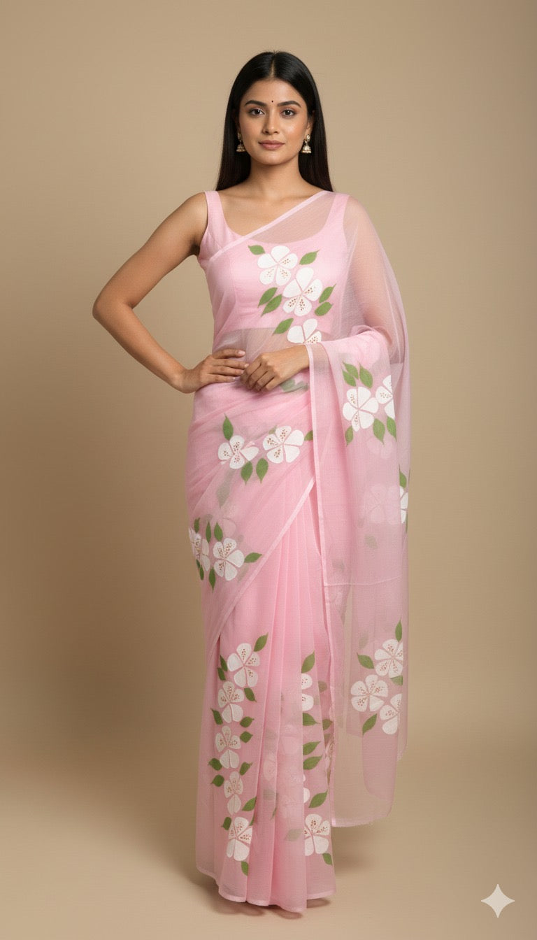 K A C H N A R (PINK)|| Pure Chiffon Hand Painted Saree