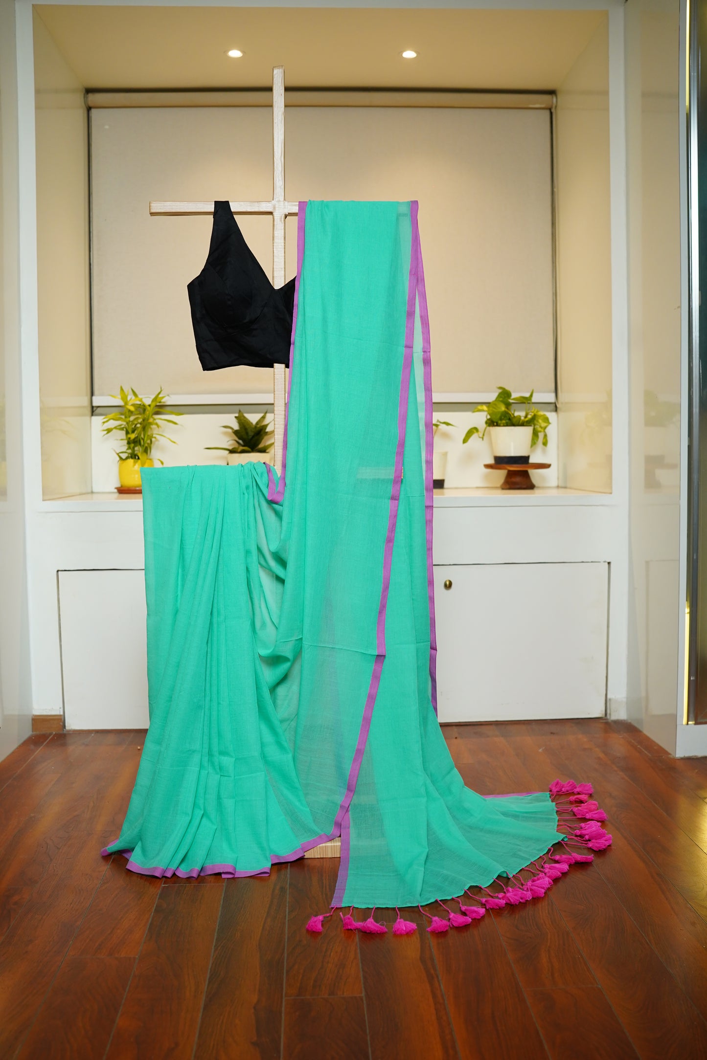 K U M U D || Plain Blue Mull Cotton Saree