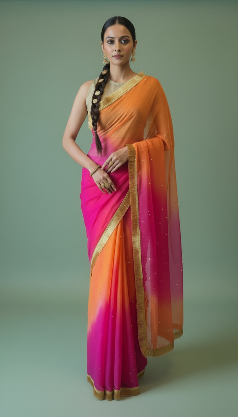 B H A K T I || Pure chiffon saree with Mukaish work and Kiran Lace