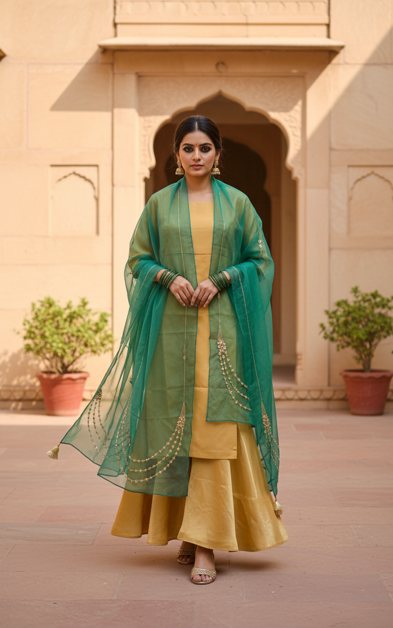 Golden Sharara Set with Green Organza Dupatta