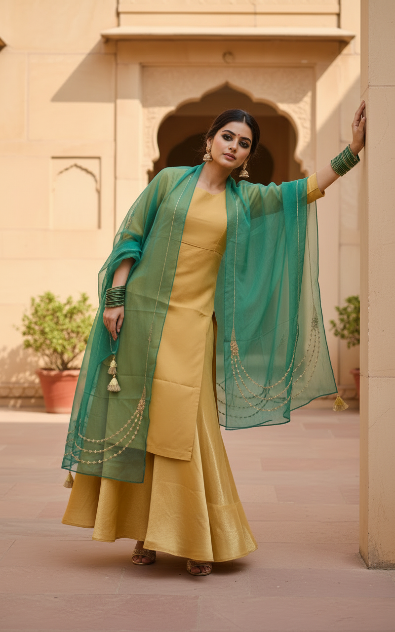 Golden Sharara Set with Green Organza Dupatta