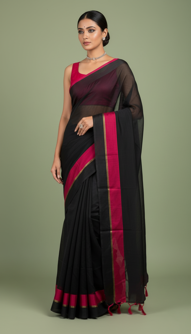 S O N A L I || Black Mull Cotton Saree with Red Border