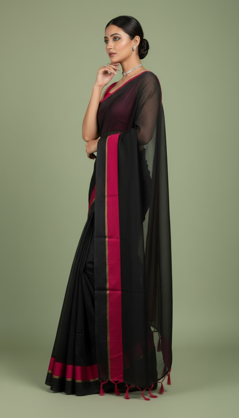 S O N A L I || Black Mull Cotton Saree with Red Border