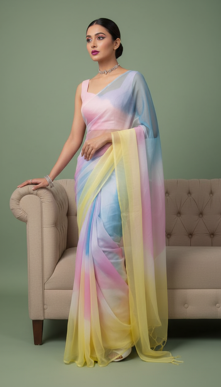 S A T Y A B H A M A || Organza Rainbow Saree