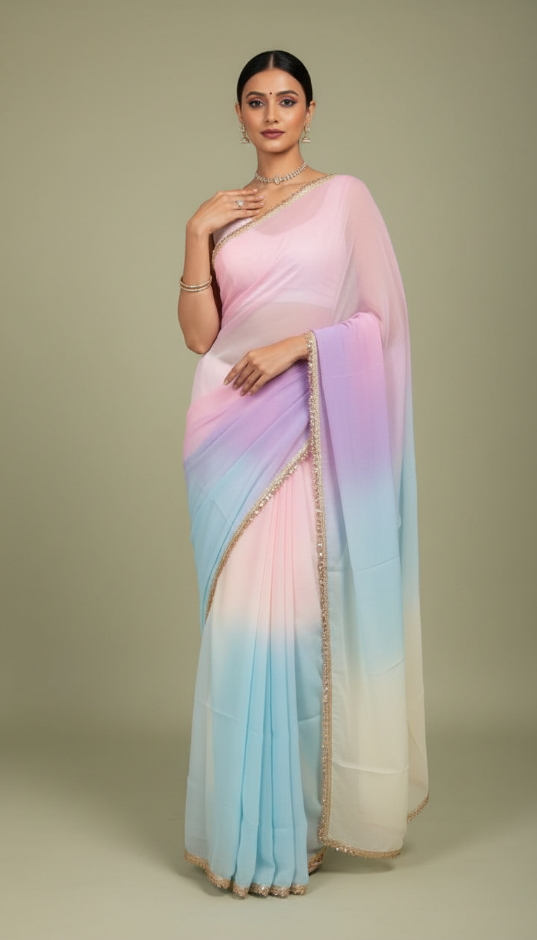R U K M A N I || Organza Rainbow Saree with Kiran Lace