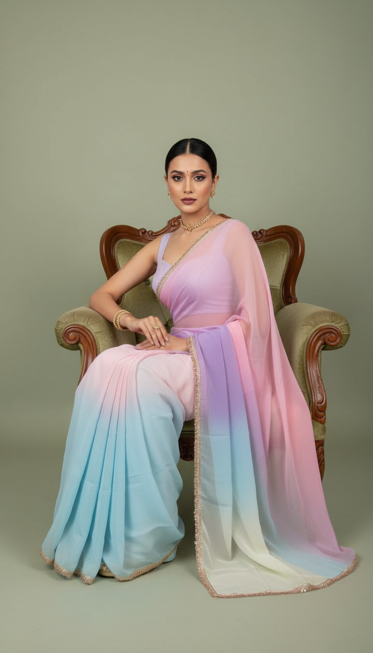 R U K M A N I || Organza Rainbow Saree with Kiran Lace