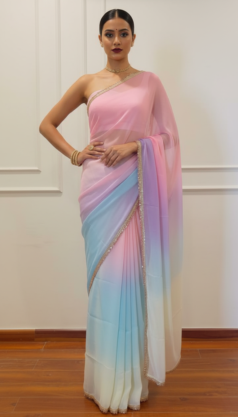R U K M A N I || Organza Rainbow Saree with Kiran Lace