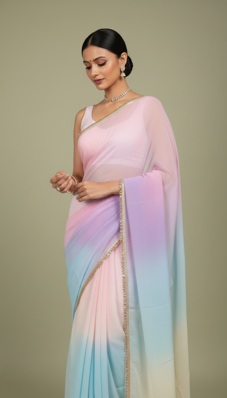 R U K M A N I || Organza Rainbow Saree with Kiran Lace
