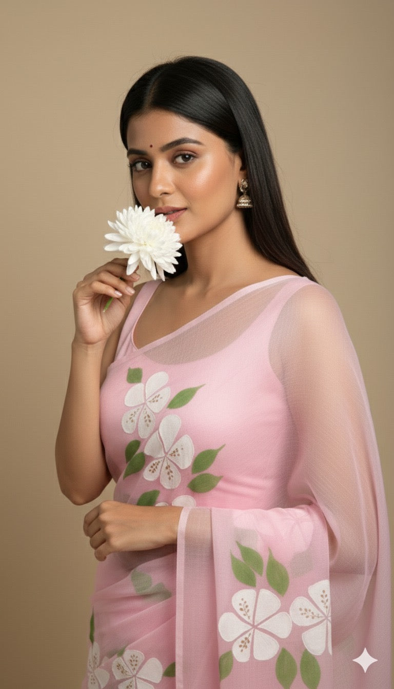 K A C H N A R (PINK)|| Pure Chiffon Hand Painted Saree