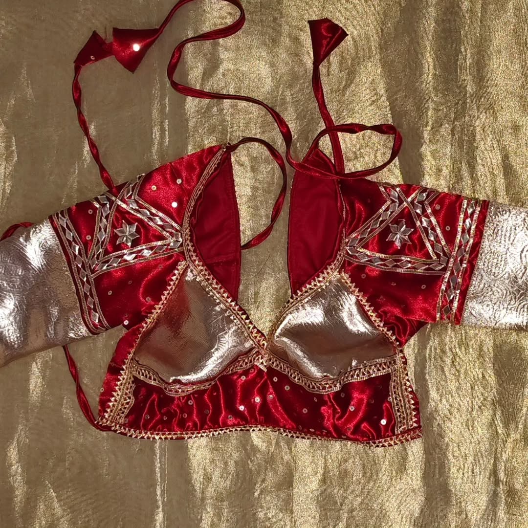 Red and Golden Aangi Blouse with Sequence and Gota Work