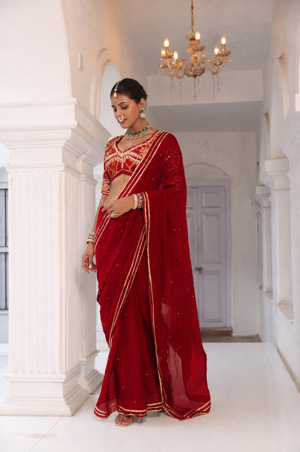 Red Gota Patti Saree + Aangi || Sindoor