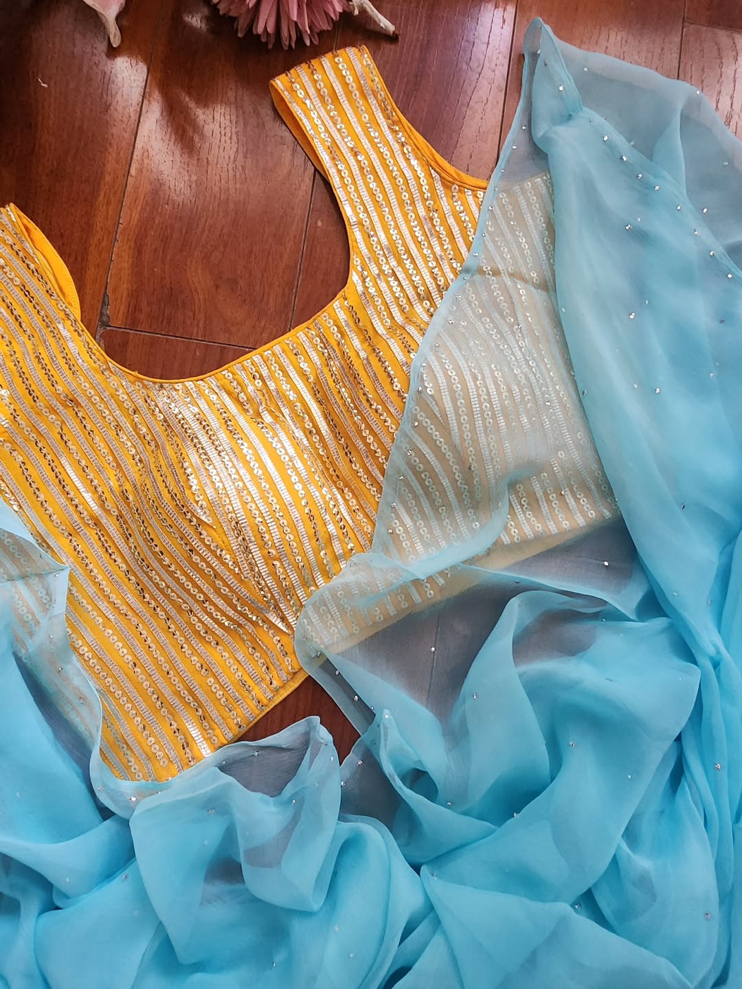Diamond Chiffon saree + Sequence and Gota Work Blouse Combo || K A C H N A R