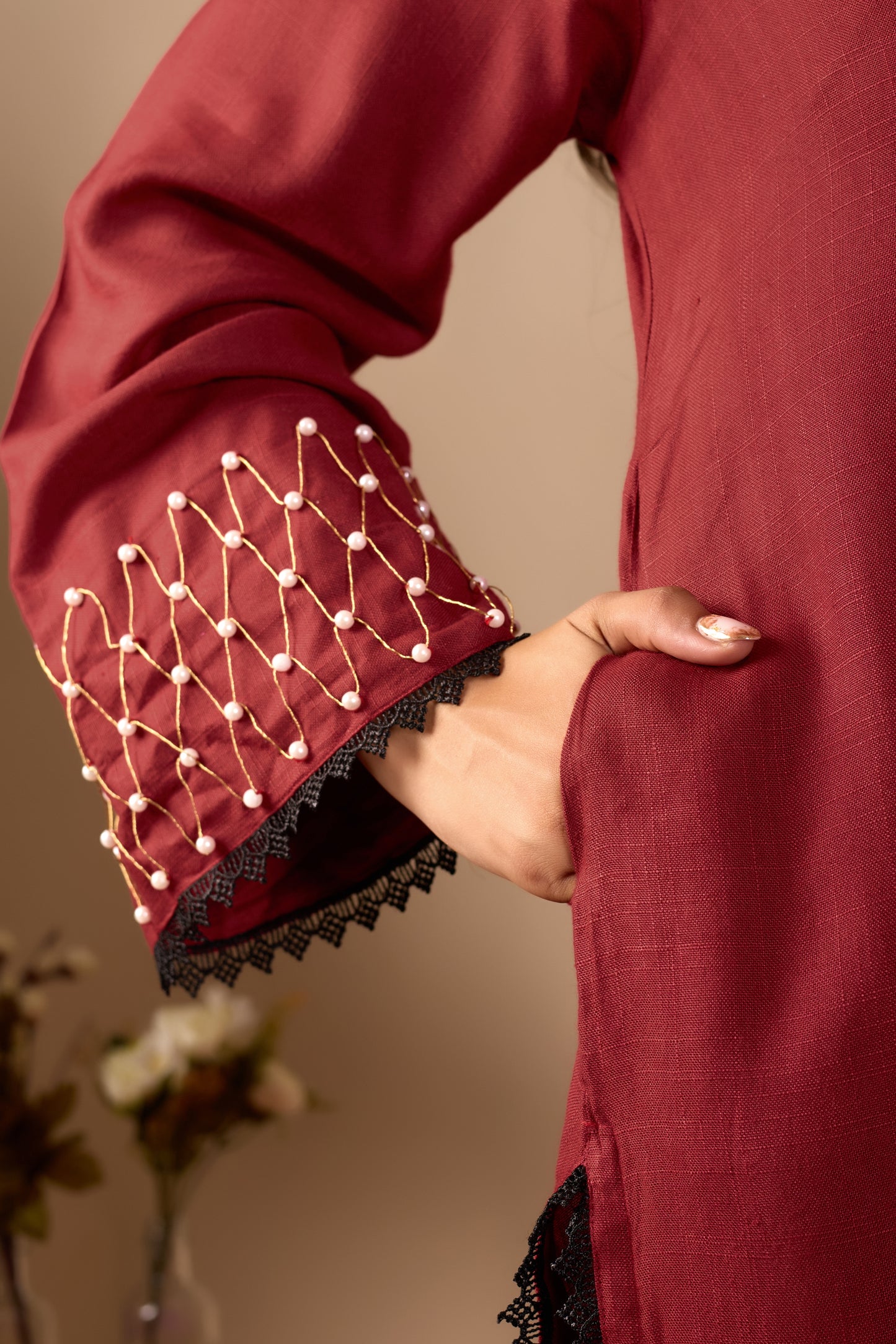 Maroon oversized Farshi Shalwar set with Pearl work