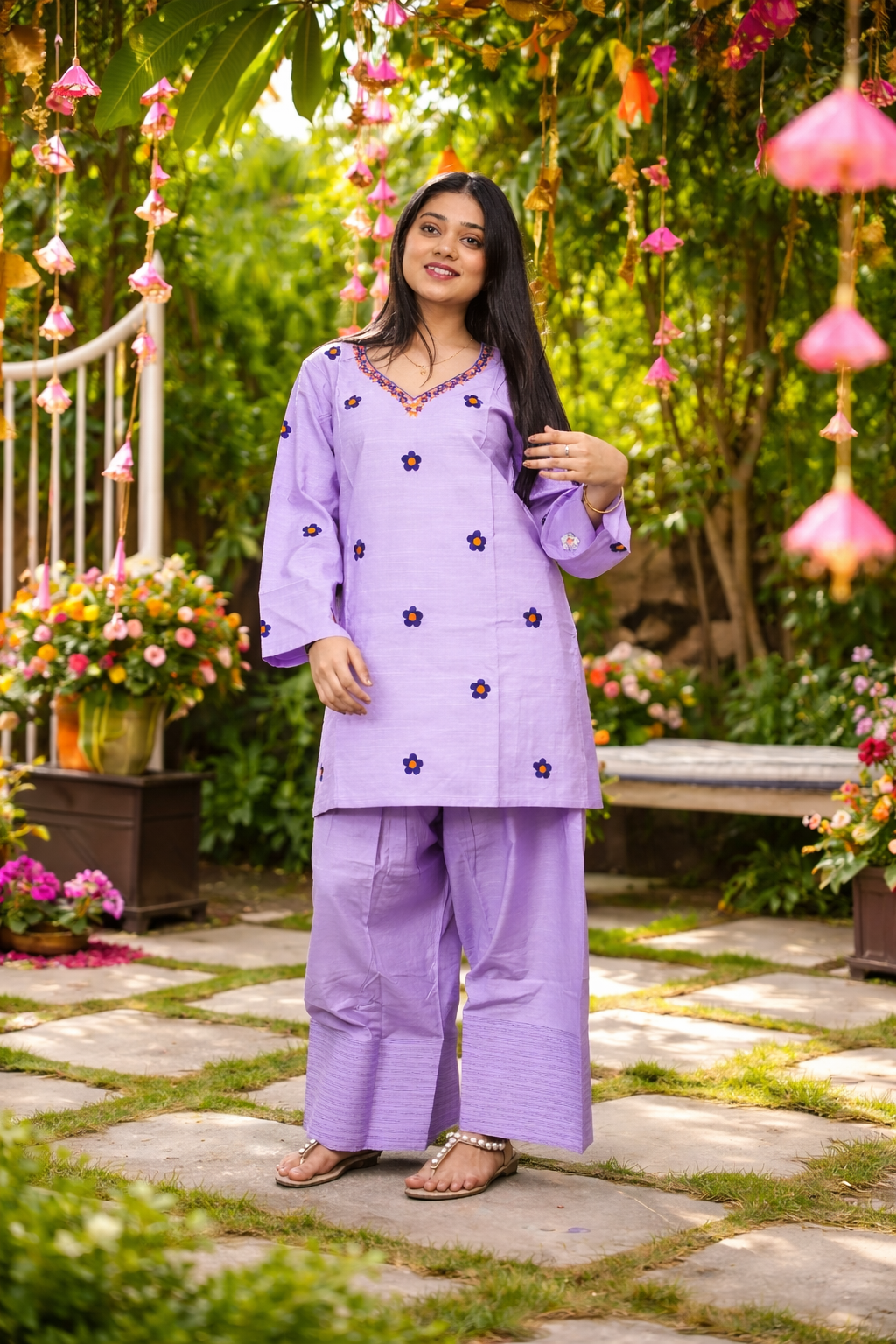 Purple Oversized Farshi Shalwar with flower motif || Lily – Ethnic Saroj