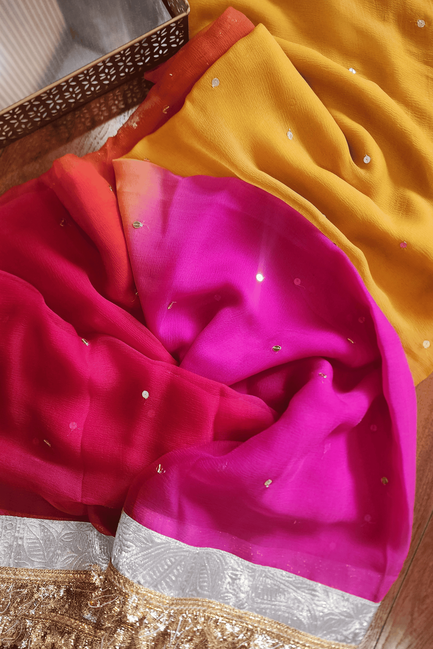 Pure diamond multicolor Chiffon Saree with Gota and Lace Work || Inayat