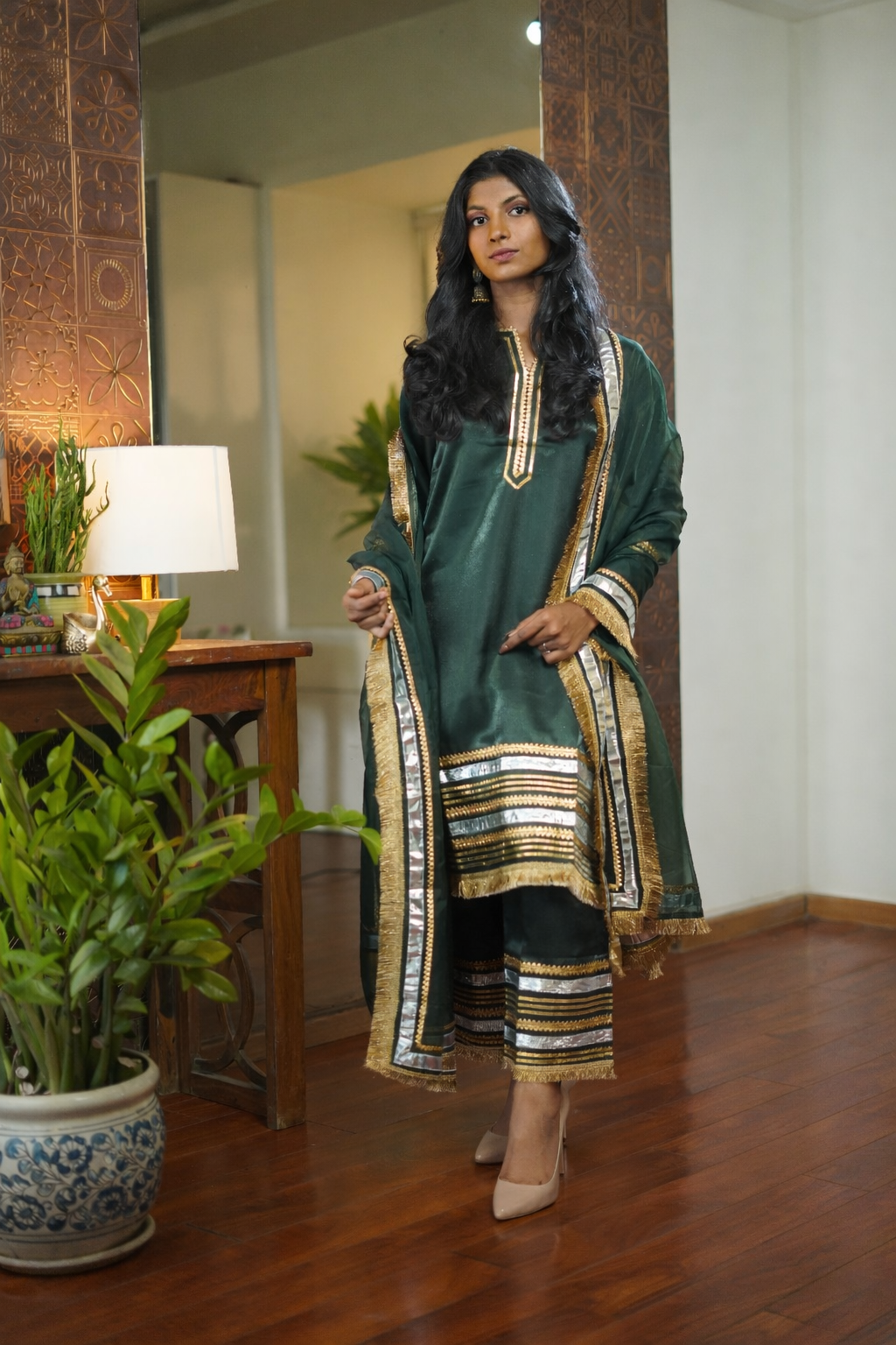 Green & Golden suit with Organza Dupatta | Panna | Ethnic Saroj