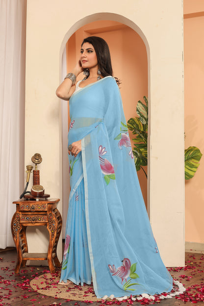 P U S H P A || Mull Cotton Hand-Painted Saree