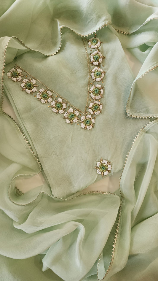 A Z A  L E A ||Hand work Unstitched Salwar Set Material with dupatta