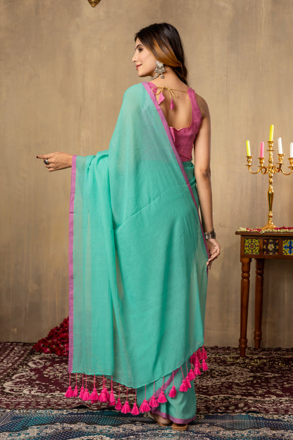 K U M U D || Plain Blue Mull Cotton Saree