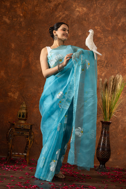 R A J R A N I || Organza Silk Hand-Work and Hand-Painted Saree