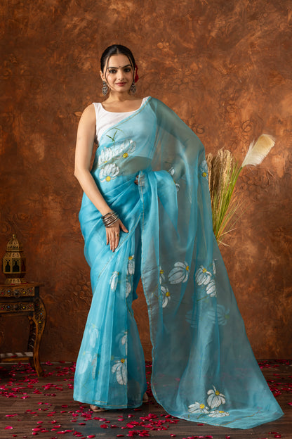 R A J R A N I || Organza Silk Hand-Work and Hand-Painted Saree