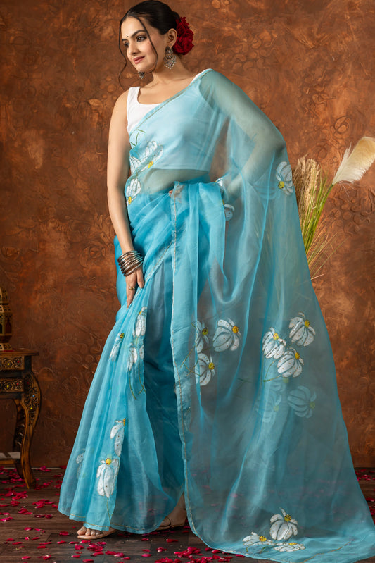 R A J R A N I || Organza Silk Hand-Work and Hand-Painted Saree