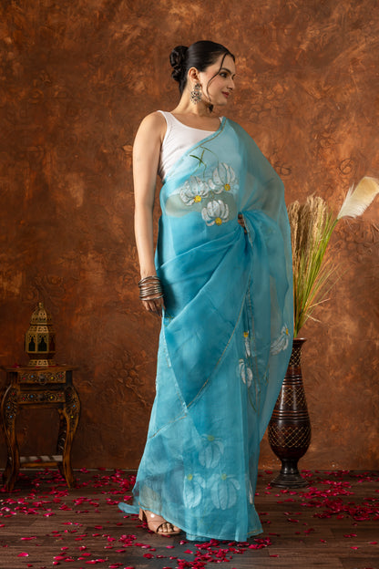 R A J R A N I || Organza Silk Hand-Work and Hand-Painted Saree