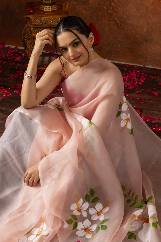 K H U S H B U || Organza Silk Hand-Painted Saree