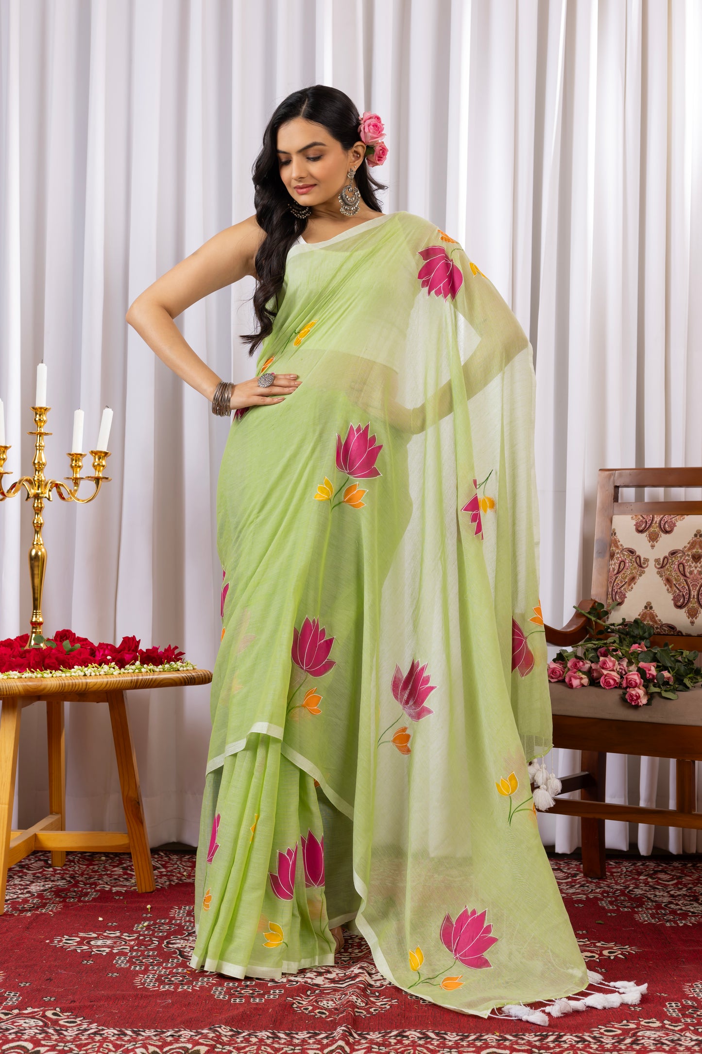 P A D M I N I || (Mint Green) Hand Painted Saree