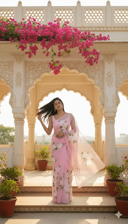 K A C H N A R (PINK)|| Pure Chiffon Hand Painted Saree