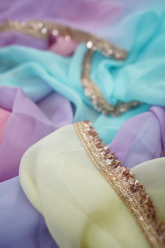 R U K M A N I || Organza Rainbow Saree with Kiran Lace