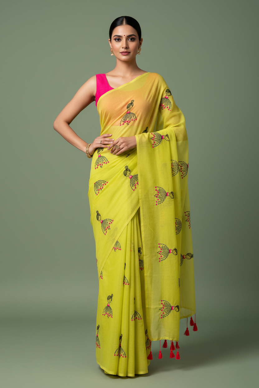 B A N D I N I || Mull Cotton Saree with Embroidery Work