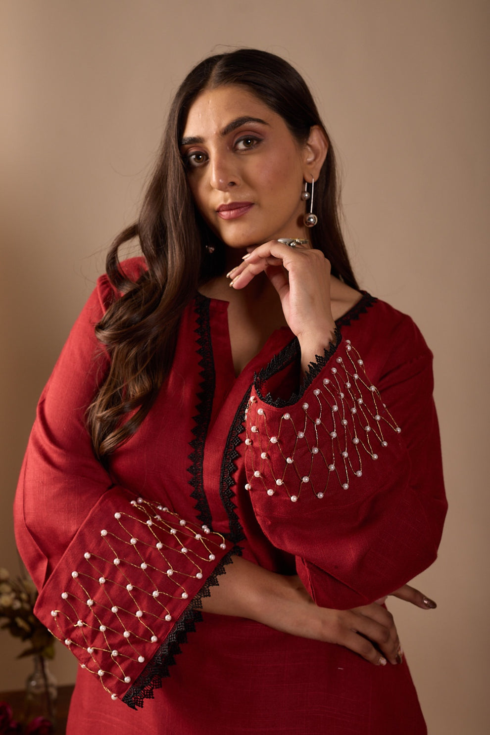 Maroon oversized Farshi Shalwar set with Pearl work – Ethnic Saroj