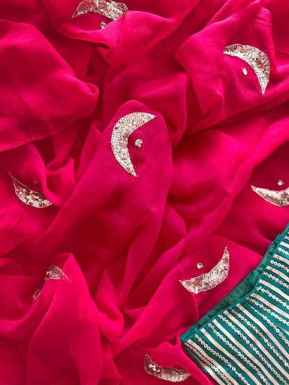 Pure Diamond Chiffon Saree + Sleevless Sequence and Gota Work Blouse || Poonam