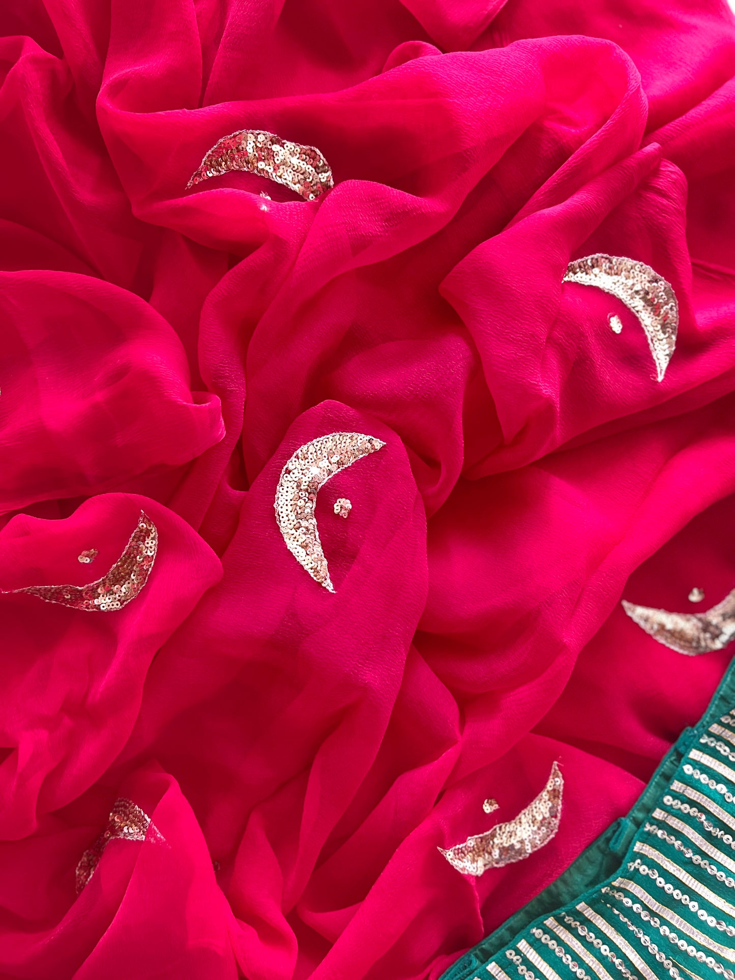 Red Pure Chiffon Saree with Sequence Chand Motif  || Haya