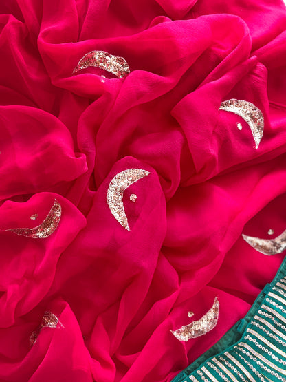 Red Pure Chiffon Saree with Sequence Chand Motif  || Haya