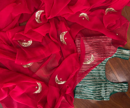 Red Pure Chiffon Saree with Sequence Chand Motif  || Haya