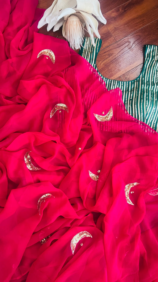 Pure Diamond Chiffon Saree + Sleevless Sequence and Gota Work Blouse || Poonam