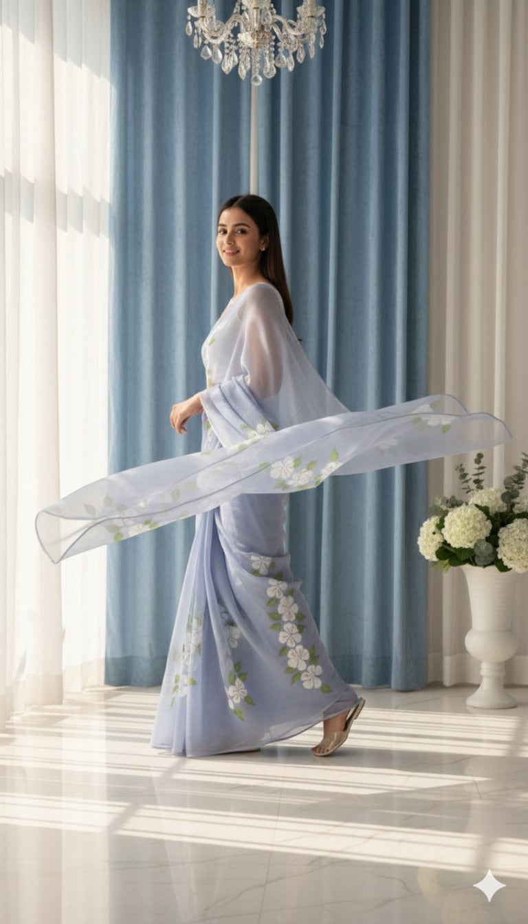 S A F E D A || Pure Chiffon Hand Painted Saree
