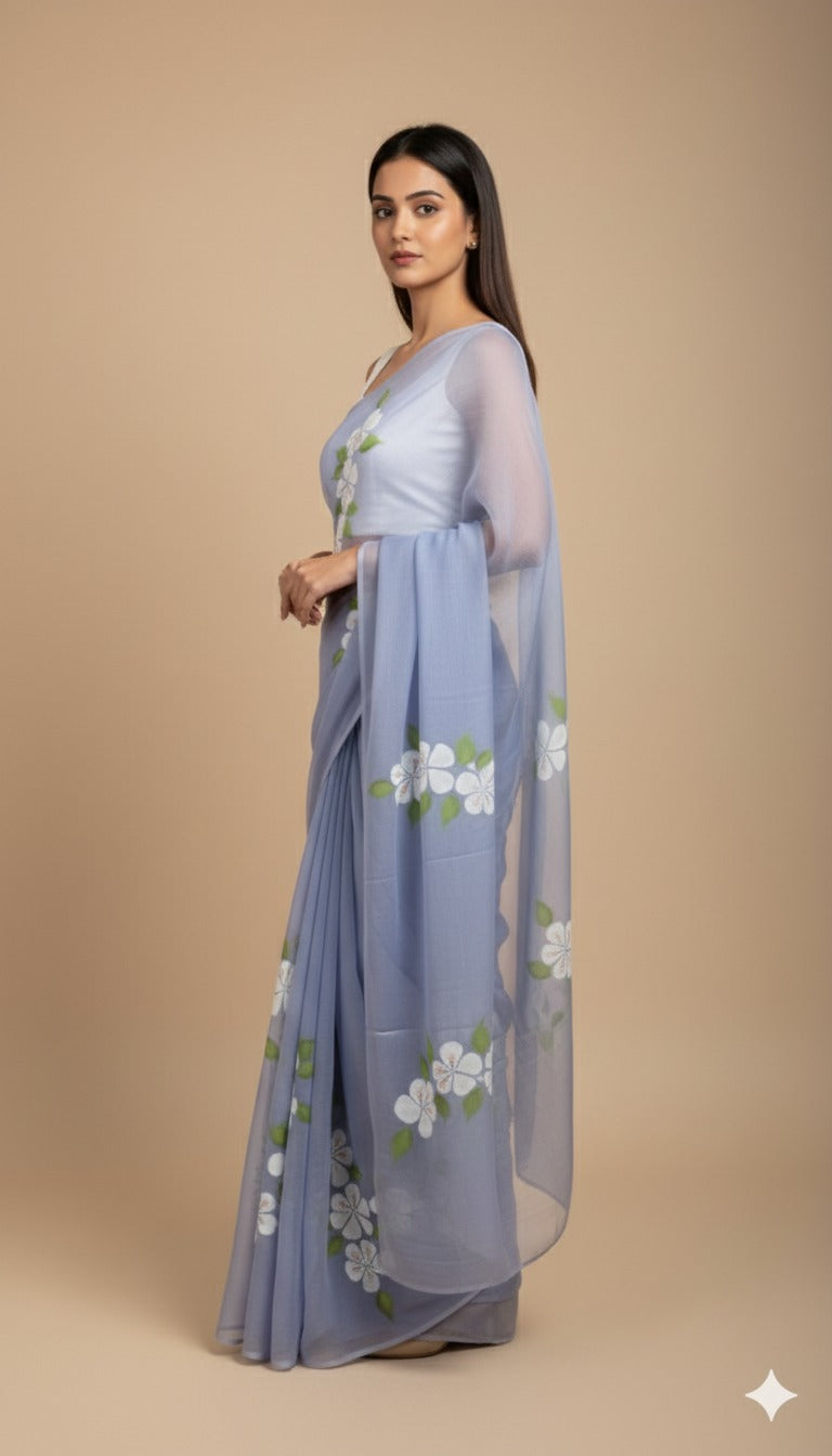 S A F E D A || Pure Chiffon Hand Painted Saree