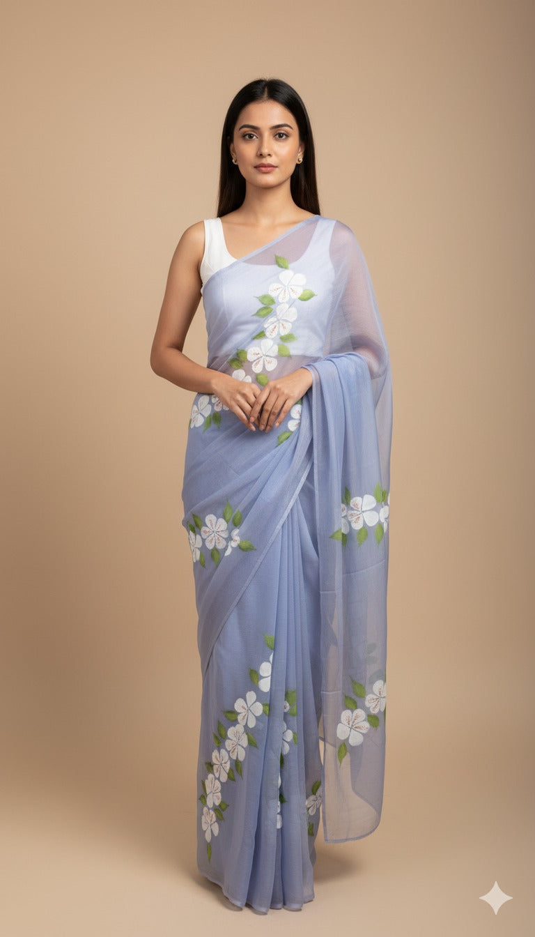 S A F E D A || Pure Chiffon Hand Painted Saree