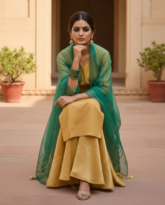 Premium Golden Silk Sharara Set