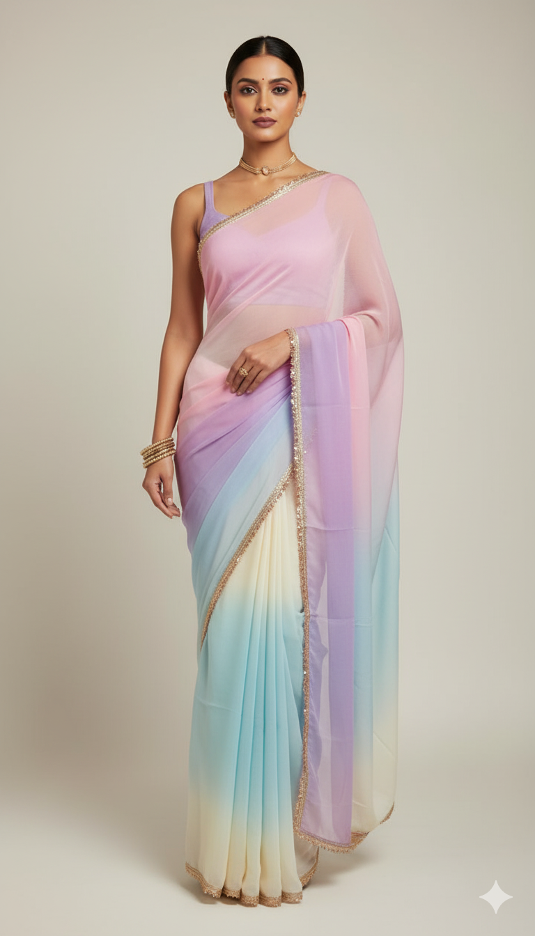 R U K M A N I || Organza Rainbow Saree with Kiran Lace