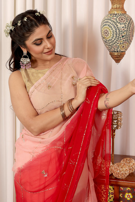 Pure Diamond Red and Pink Chiffon Saree with Intricate Jal Work || Ruhani-see