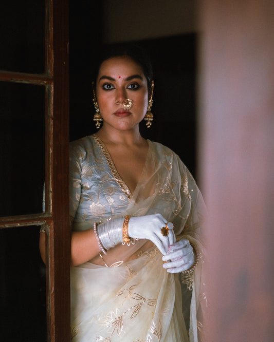 White Organza Saree with Gota Patti work || Sujata